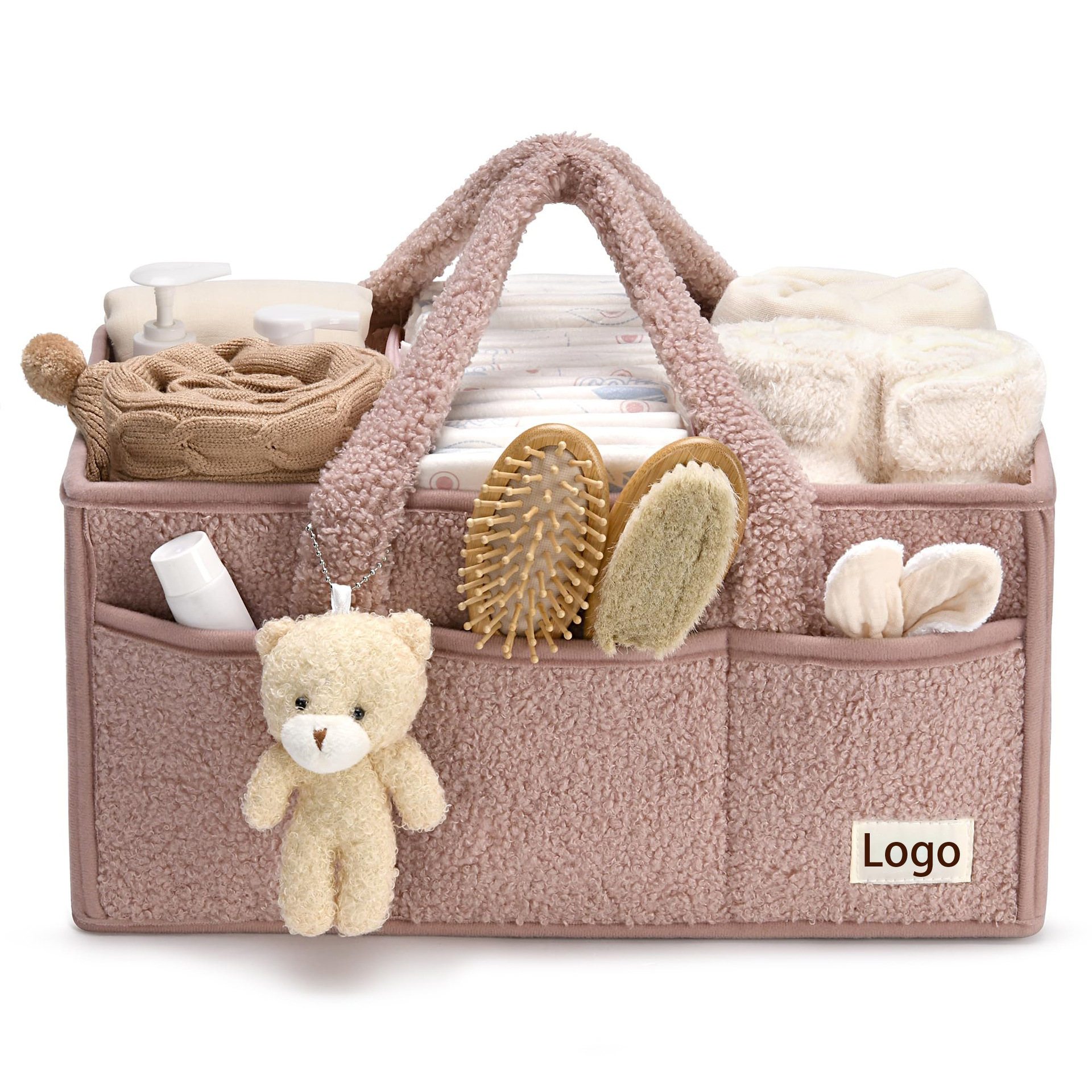 Teddy Plush Diaper Bag Portable Hand‑held Mommy Bag Foldable Multi‑Compartment Baby Diaper Storage Organizer Tote