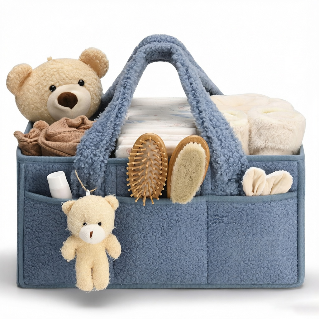 Teddy Plush Diaper Bag Portable Hand‑held Mommy Bag Foldable Multi‑Compartment Baby Diaper Storage Organizer Tote
