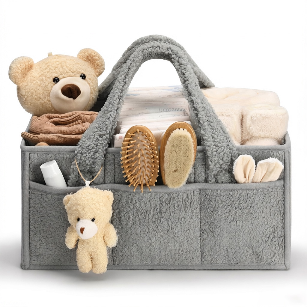 Teddy Plush Diaper Bag Portable Hand‑held Mommy Bag Foldable Multi‑Compartment Baby Diaper Storage Organizer Tote