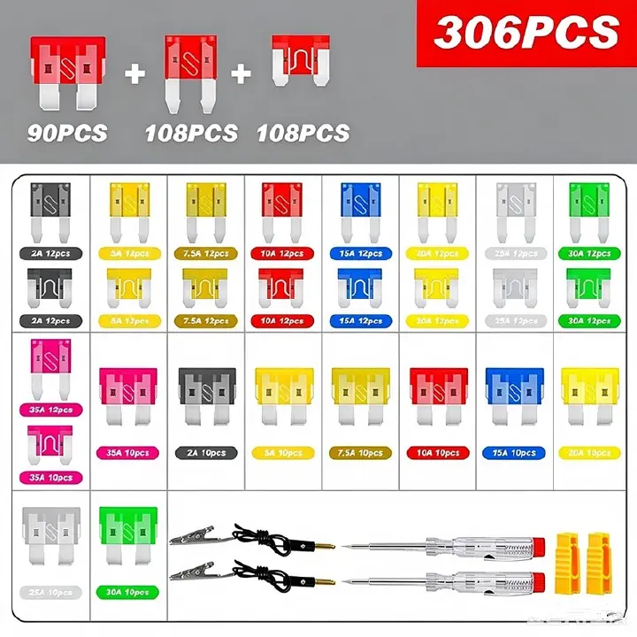 306Pcs Zinc‑Aluminum Car Blade Fuse Assortment Kit, Standard & Mini Size Auto Fuses with Fuse Puller & Circuit Tester Pen