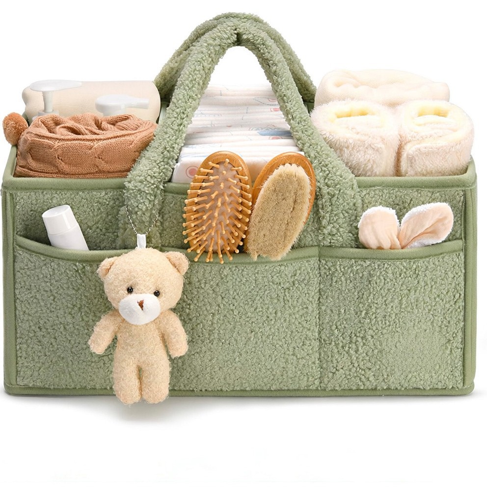 Teddy Plush Diaper Bag Portable Hand‑held Mommy Bag Foldable Multi‑Compartment Baby Diaper Storage Organizer Tote