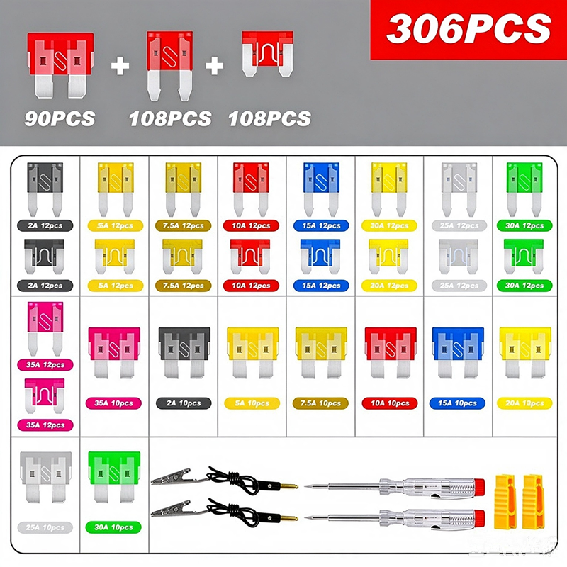 306Pcs Zinc‑Aluminum Car Blade Fuse Assortment Kit, Standard & Mini Size Auto Fuses with Fuse Puller & Circuit Tester Pen