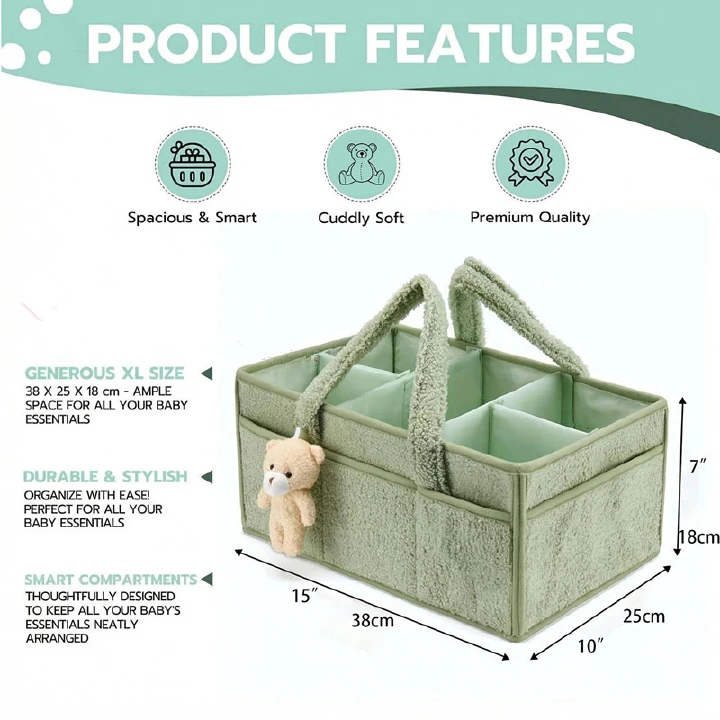 Teddy Plush Diaper Bag Portable Hand‑held Mommy Bag Foldable Multi‑Compartment Baby Diaper Storage Organizer Tote