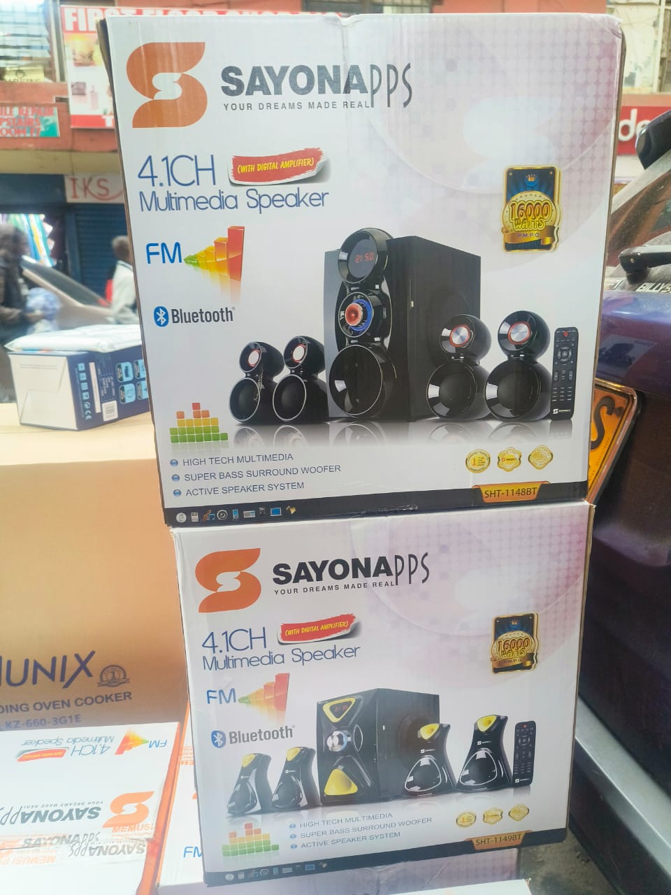 Sayona SHT-1148BT / SHT-1149BT 4.1CH Multimedia Speaker System 🔊 | 16000W PMPO | Bluetooth | USB | FM Radio | Deep Bass Subwoofer | Home Theater Sound 🎬🏠