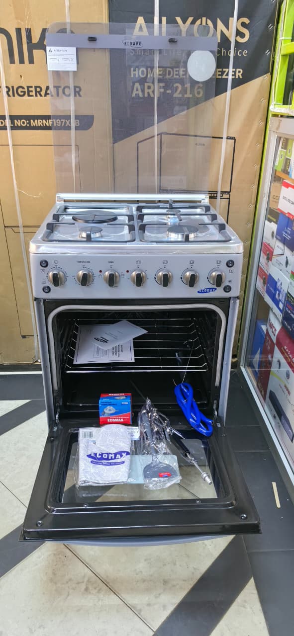 Ecomax 60x60 Standing Cooker 🍳🔥 | 3 Gas + 1 Electric Hot Plate | Electric Oven with+ FREE GIFT Rotisserie & Turbo Fan | Flame Failure Safety System | Freestanding Cooker