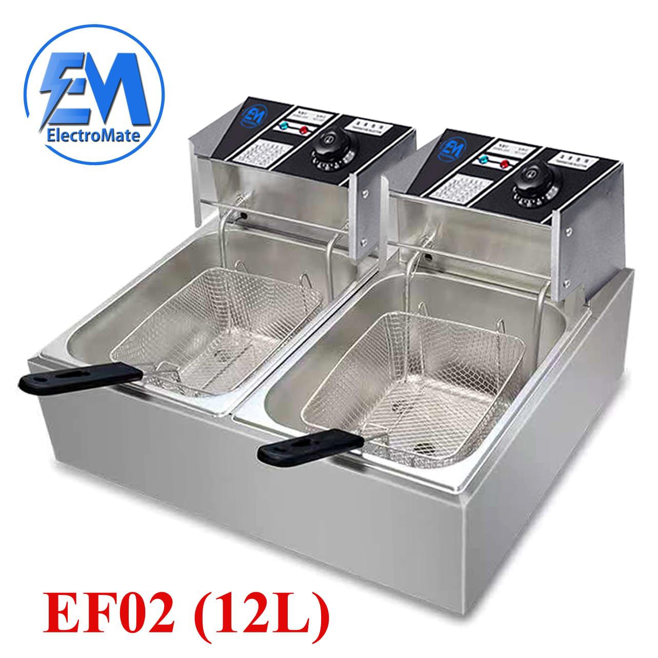 Electromate EF02 Double Deep Fryer 12L Commercial Electric Stainless Steel Twin Tank Frying Machine with Adjustable Temperature Control Fast Heating for Chips Chicken Fish Mandazi Restaurants Cafes Ho