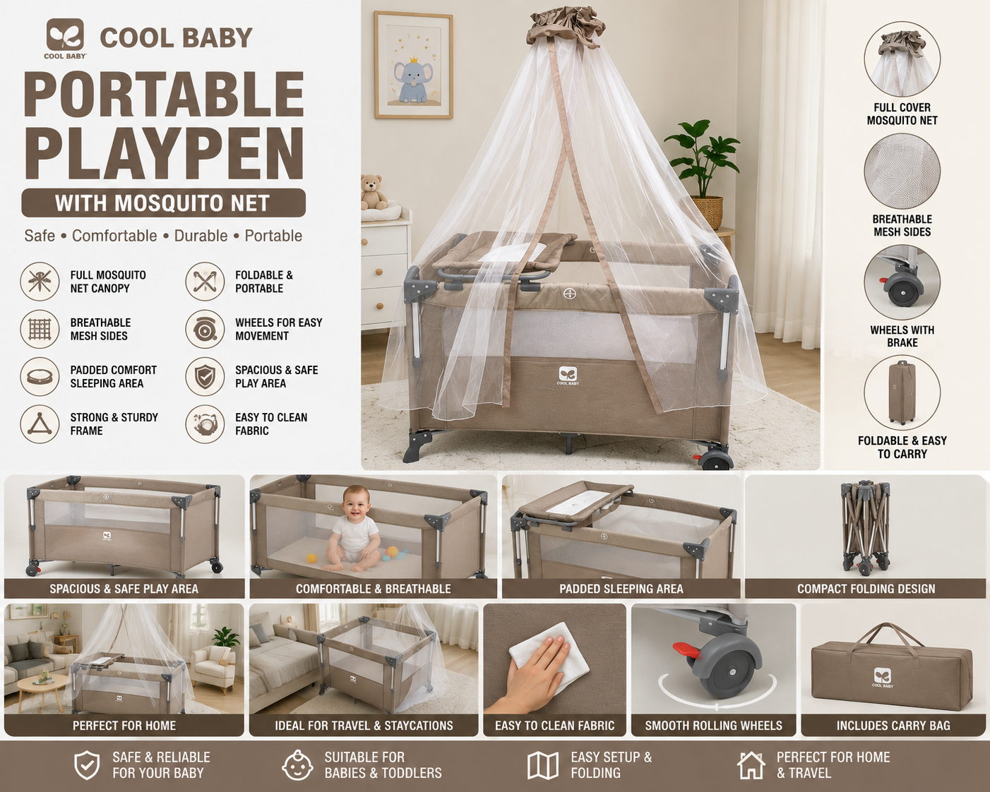 COOL BABY Multipurpose Portable Baby Playpen & Travel Cot – Foldable Baby Bed with Full Mosquito Net Canopy, Breathable Mesh Sides, Padded Sleeping Area, Wheels & Compact Travel Design