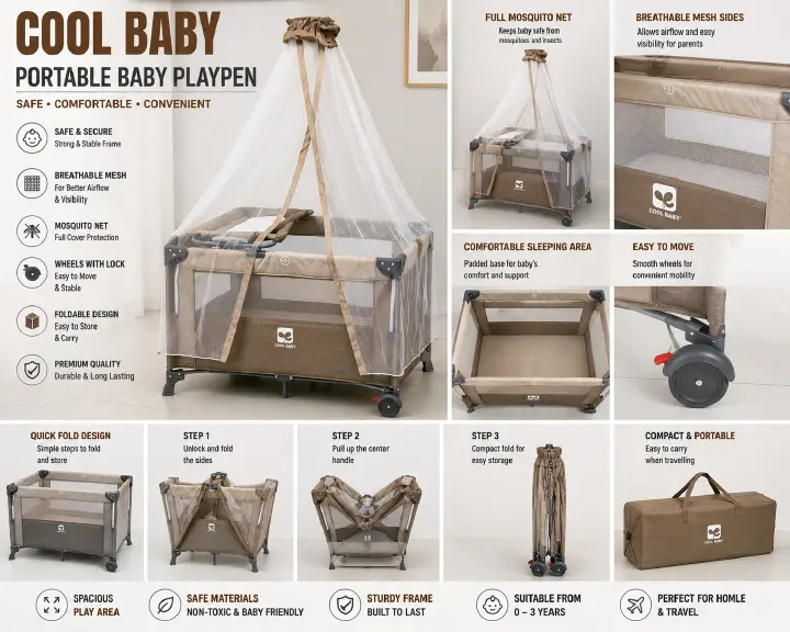 COOL BABY Multipurpose Portable Baby Playpen & Travel Cot – Foldable Baby Bed with Full Mosquito Net Canopy, Breathable Mesh Sides, Padded Sleeping Area, Wheels & Compact Travel Design