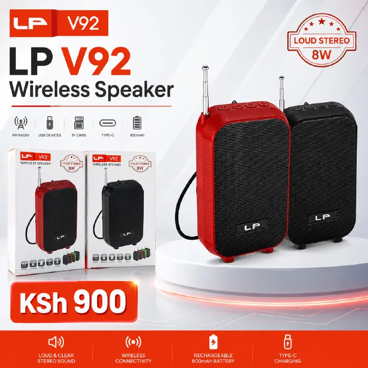 LP V92 Portable Wireless Speaker – 8W Loud Stereo Rechargeable Speaker with FM Radio, USB Playback, TF Card Support, Type-C Charging & 800mAh Battery for Home, Travel & Outdoor Use