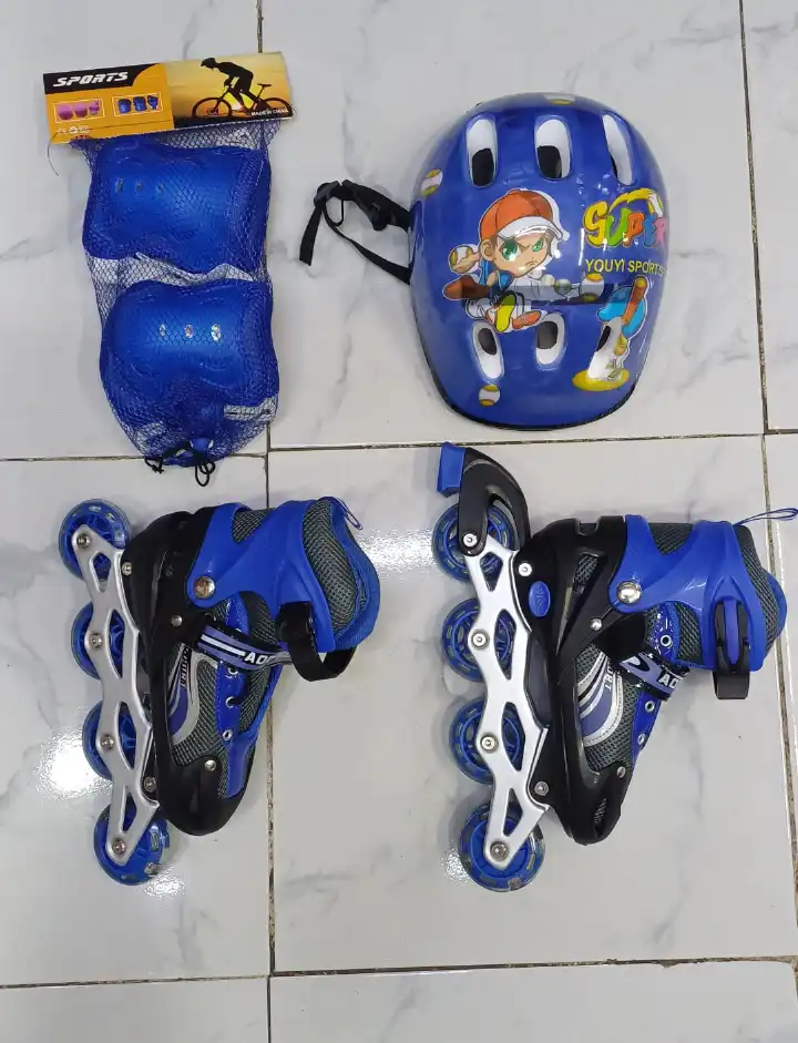 Complete Children’s Inline Skating Set with Adjustable Roller Skates, Ventilated Helmet and Protective Pads – Sizes 31–38