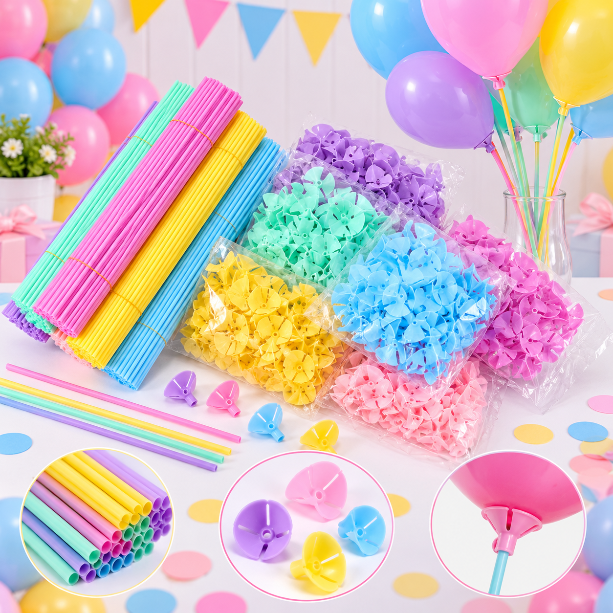 100-Piece Assorted Colour Balloon Sticks with Holder Cups Set – Reusable Plastic Balloon Support Sticks for Birthdays, Weddings, Baby Showers, Parties, Events and Balloon Decorations