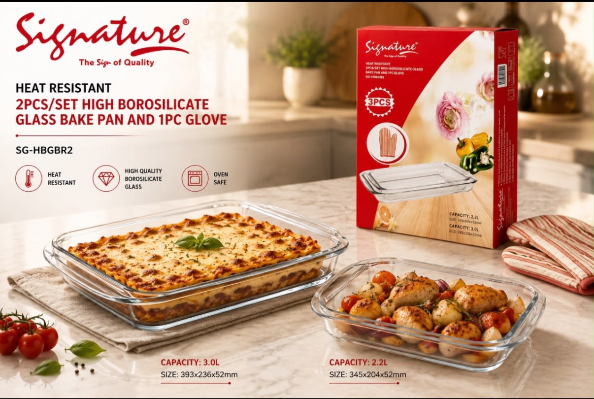 🍽️ Signature Premium Heat Resistant High Borosilicate Glass Bakeware Set – 2 Glass Baking Dishes (3.0L + 2.2L) with 1 Heat Resistant Oven Glove | Oven, Microwave, Freezer & Dishwasher Safe | Durable