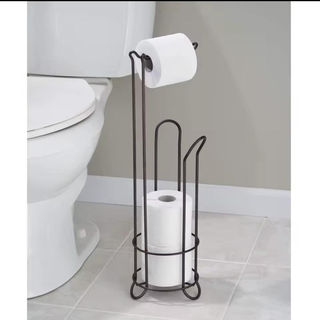 Stainless Steel Floor Standing Tissue Holder Toilet Paper Roll Stand Bathroom Organizer Vertical Storage Rack with Spare Roll Basket Freestanding Bathroom Hardware Accessory