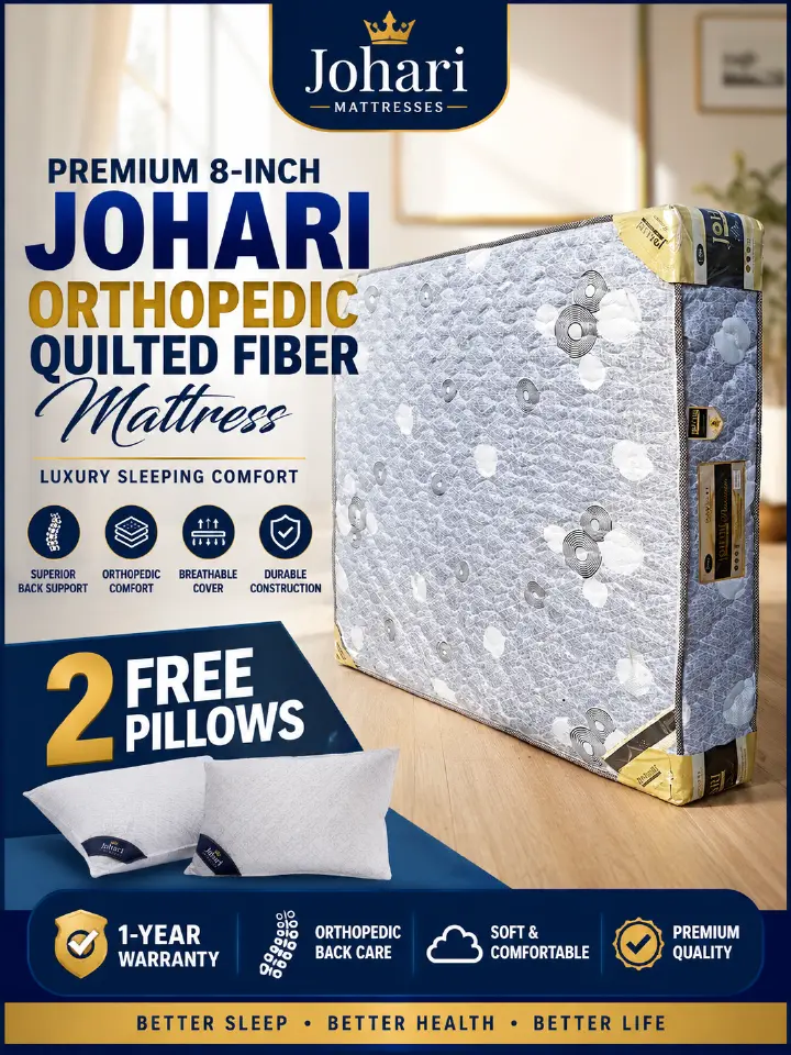 [ 6 by 6 by 8inches  ] Premium 8-Inch Johari Orthopedic Quilted Fiber Mattress 2 FREE PILLOWS | Luxury Sleeping Comfort | Superior Back Support | Breathable Cover | 1-Year Warranty 2 FREE PILLOWS