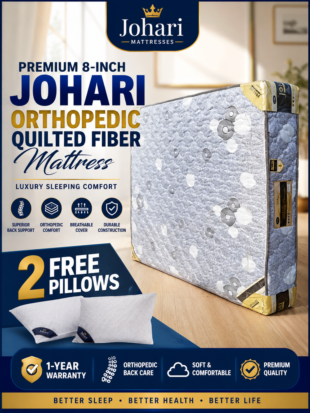 [ 6 by 6 by 8inches  ] Premium 8-Inch Johari Orthopedic Quilted Fiber Mattress 2 FREE PILLOWS | Luxury Sleeping Comfort | Superior Back Support | Breathable Cover | 1-Year Warranty 2 FREE PILLOWS