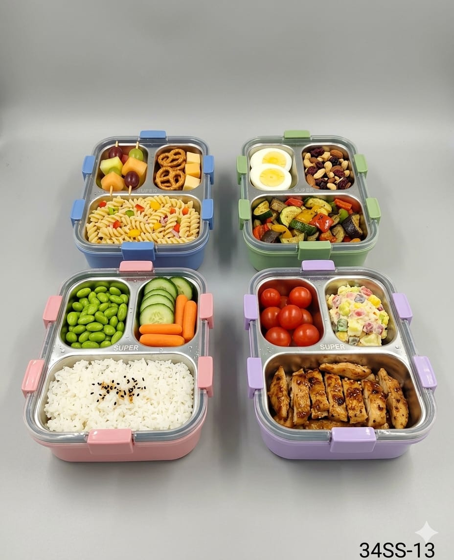 Modern 3-Grid Stainless Steel Lunch Box – Leak-Resistant Compartment Food Container with Secure Locking Lid for Kids, School, Office, Work, Snacks & Packed Meals