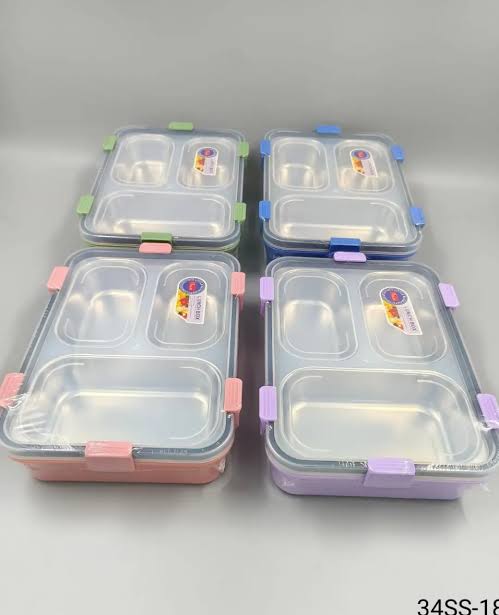 Modern 3-Grid Stainless Steel Lunch Box – Leak-Resistant Compartment Food Container with Secure Locking Lid for Kids, School, Office, Work, Snacks & Packed Meals
