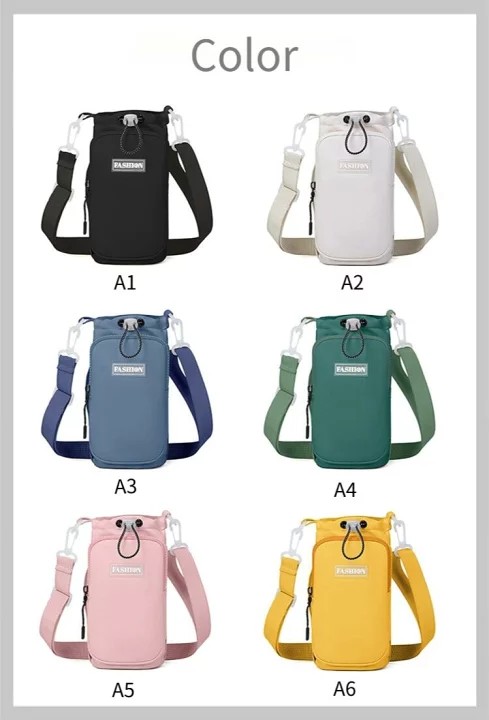 Water Bottle Drawstring Holder Bag with Adjustable Strap Crossbody Insulated Carrier Sling Bag Phone Pockets Walking Hiking Gym Travel