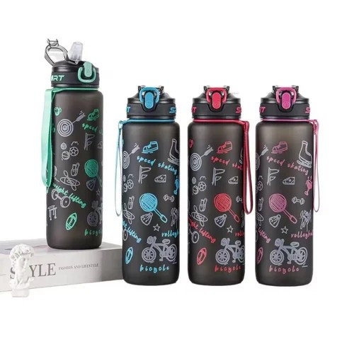 1000ml Black Sports Water Bottle Leakproof BPA-Free Drinking Bottle with Time Marker Straw 1L Gym Fitness Outdoor Travel Reusable Water Jug