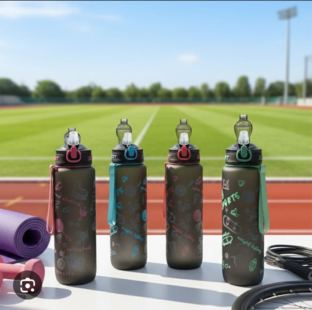 1000ml Black Sports Water Bottle Leakproof BPA-Free Drinking Bottle with Time Marker Straw 1L Gym Fitness Outdoor Travel Reusable Water Jug