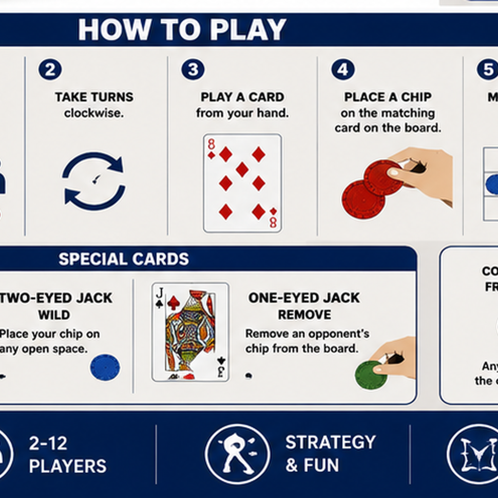 SEQUENCE Strategy Board Game – 2–12 Player Card & Chip Matching Game with Playing Cards, Color Chips and Game Board for Family Game Nights, Parties & Group Competition
