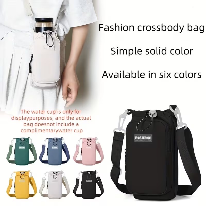 Water Bottle Drawstring Holder Bag with Adjustable Strap Crossbody Insulated Carrier Sling Bag Phone Pockets Walking Hiking Gym Travel