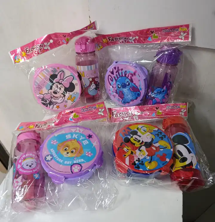 2-in-1 Kids Lunch Box with Water Bottle 2-Grid Snack Box with Straw Cartoon Themed Meal Container School Travel Picnic Set