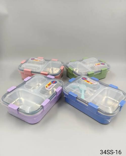 Modern 3-Grid Stainless Steel Lunch Box – Leak-Resistant Compartment Food Container with Secure Locking Lid for Kids, School, Office, Work, Snacks & Packed Meals
