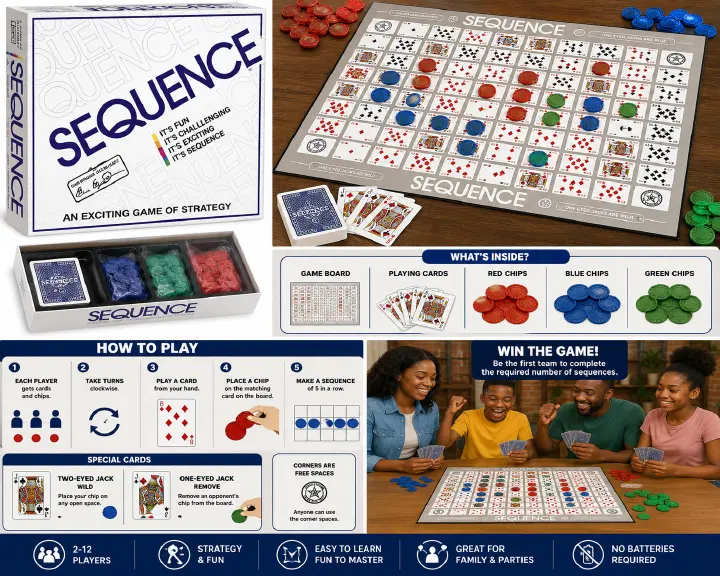 SEQUENCE Strategy Board Game – 2–12 Player Card & Chip Matching Game with Playing Cards, Color Chips and Game Board for Family Game Nights, Parties & Group Competition