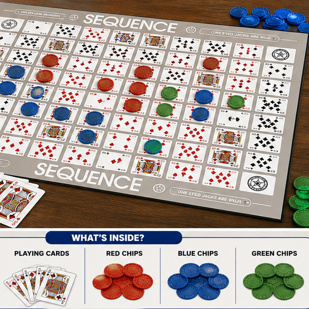SEQUENCE Strategy Board Game – 2–12 Player Card & Chip Matching Game with Playing Cards, Color Chips and Game Board for Family Game Nights, Parties & Group Competition
