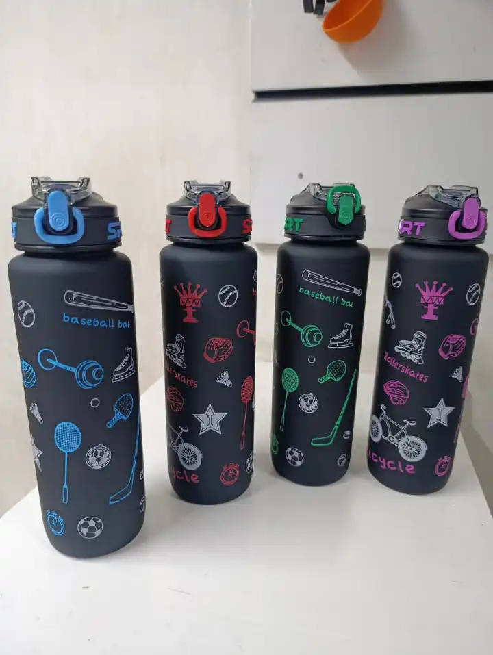 1000ml Black Sports Water Bottle Leakproof BPA-Free Drinking Bottle with Time Marker Straw 1L Gym Fitness Outdoor Travel Reusable Water Jug
