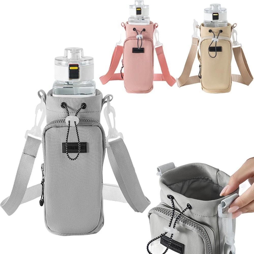 Water Bottle Drawstring Holder Bag with Adjustable Strap Crossbody Insulated Carrier Sling Bag Phone Pockets Walking Hiking Gym Travel