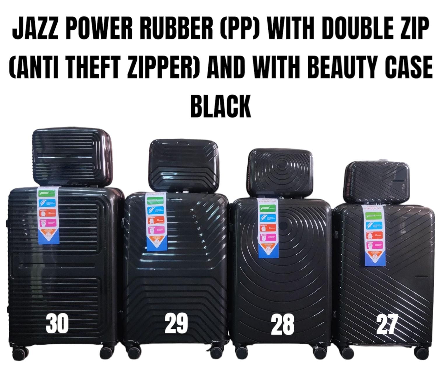 JAZZ POWER PP Hard-Shell Expandable Suitcase with Double Anti-Theft Zipper, Spinner Wheels and Matching Beauty Case – Sky Blue, Sizes 27–30