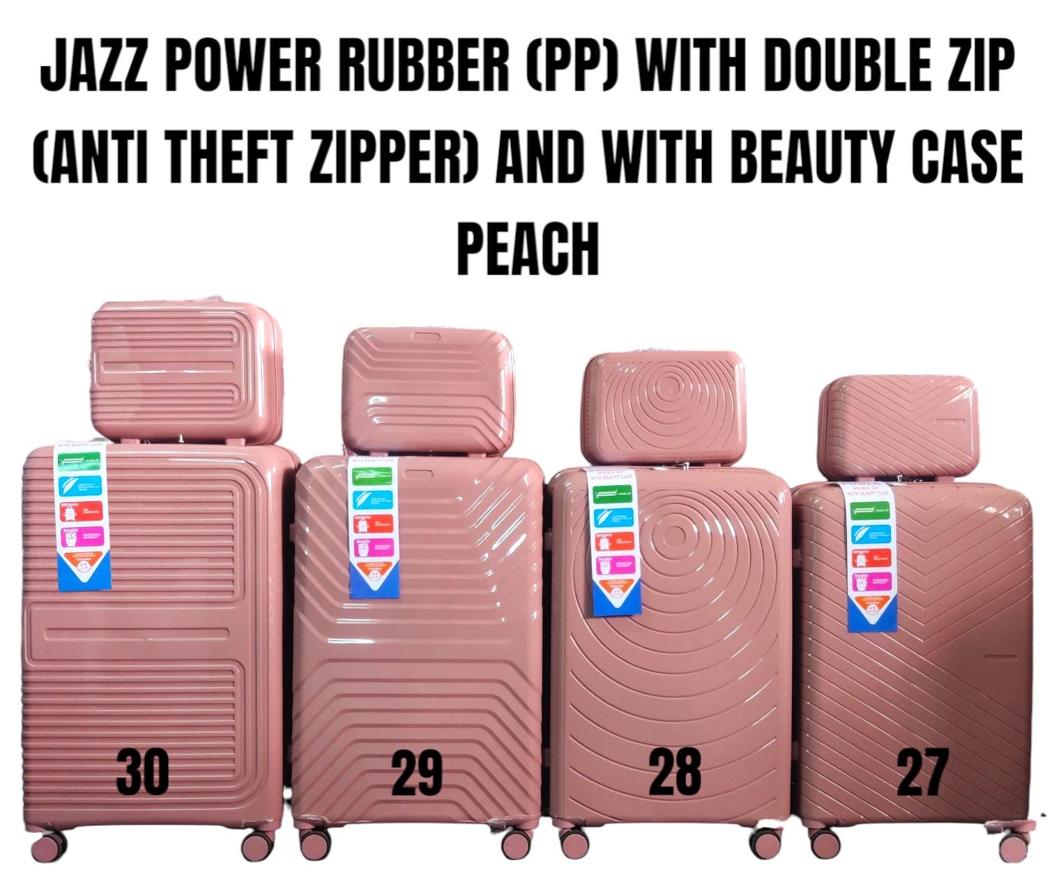 JAZZ POWER PP Hard-Shell Expandable Suitcase with Double Anti-Theft Zipper, Spinner Wheels and Matching Beauty Case – Sky Blue, Sizes 27–30
