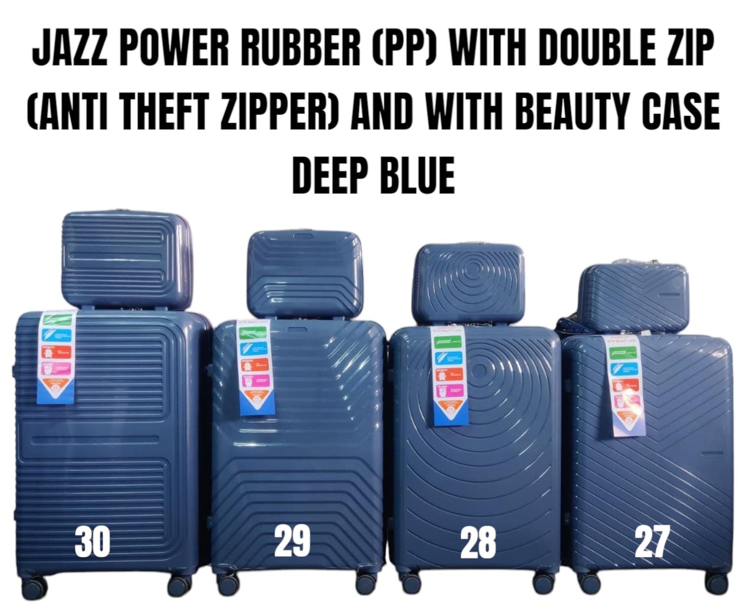 JAZZ POWER PP Hard-Shell Expandable Suitcase with Double Anti-Theft Zipper, Spinner Wheels and Matching Beauty Case – Sky Blue, Sizes 27–30