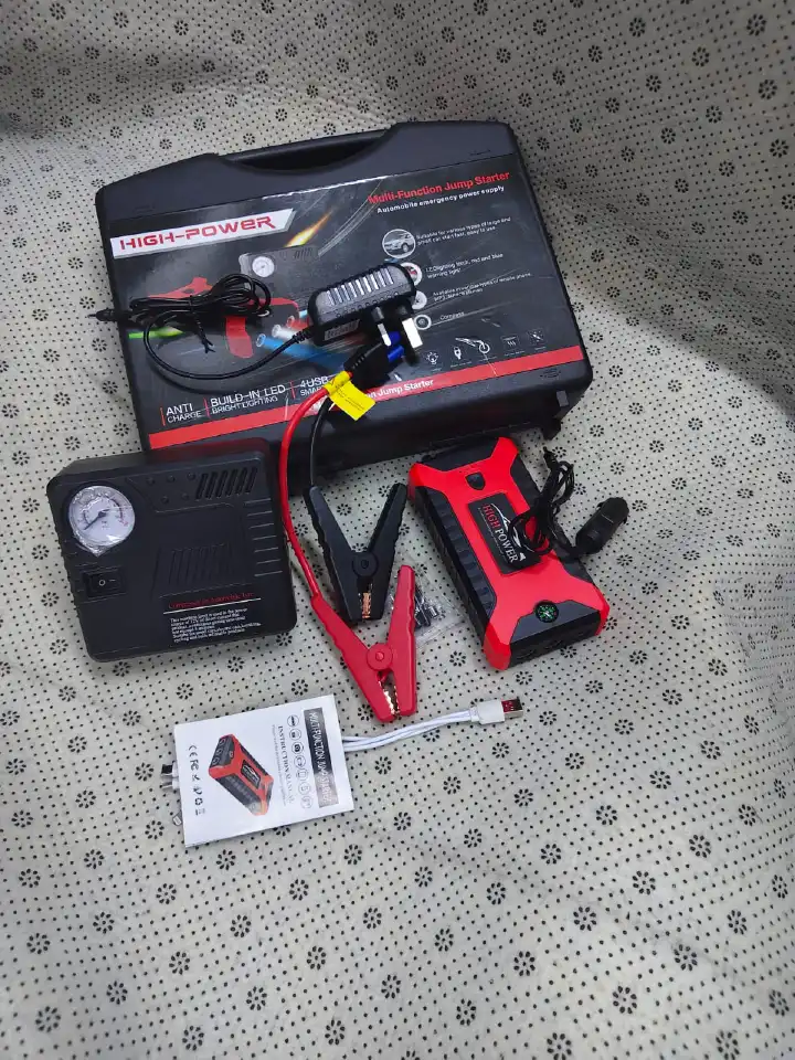 High-Power 12V Multifunction Car Jump Starter Kit with Air Compressor, Power Bank, LED Light and Carrying Case – Red and Black