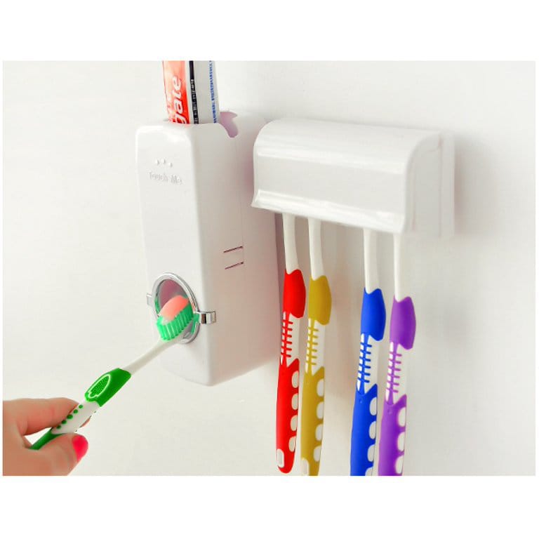 Wall-Mounted Automatic Toothpaste Dispenser and 5-Slot Toothbrush Holder Set – White Bathroom Organiser`
