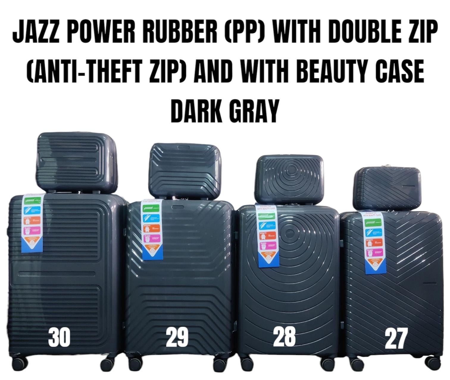 JAZZ POWER PP Hard-Shell Expandable Suitcase with Double Anti-Theft Zipper, Spinner Wheels and Matching Beauty Case – Sky Blue, Sizes 27–30