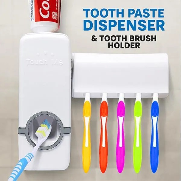 Wall-Mounted Automatic Toothpaste Dispenser and 5-Slot Toothbrush Holder Set – White Bathroom Organiser`