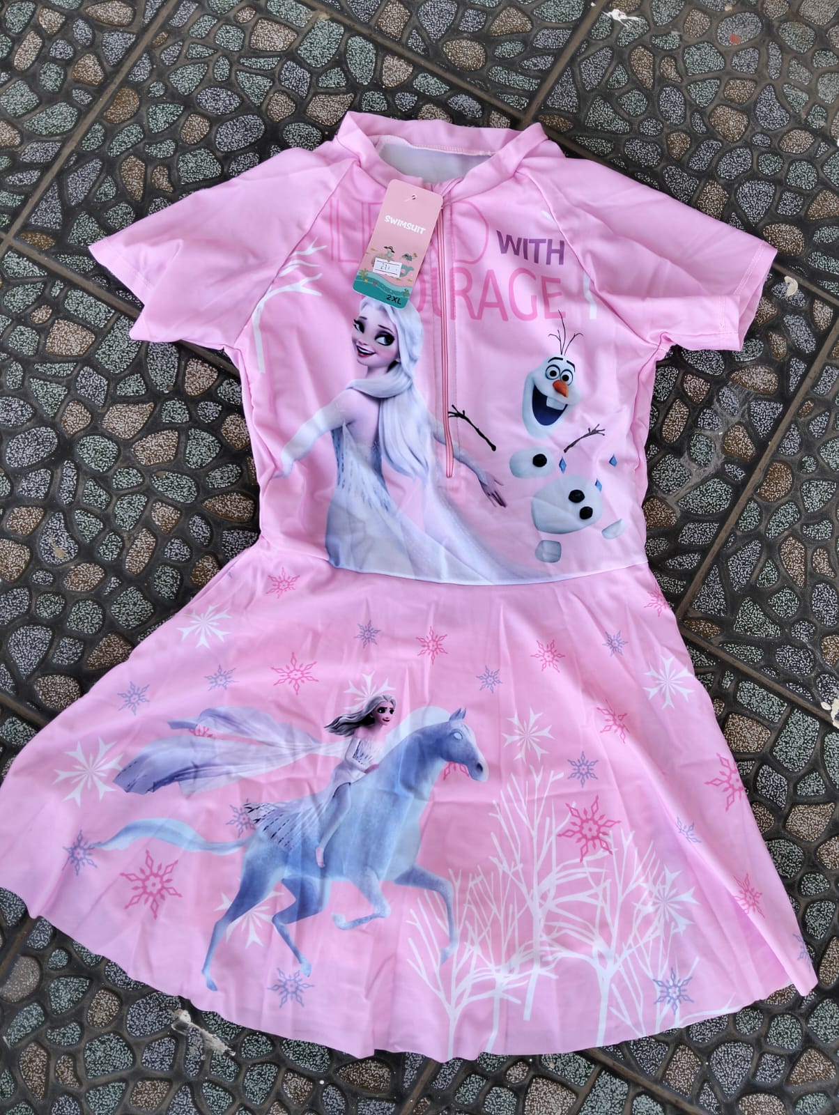 Girls’ 2XL Short-Sleeve Swimming Costume – Pink