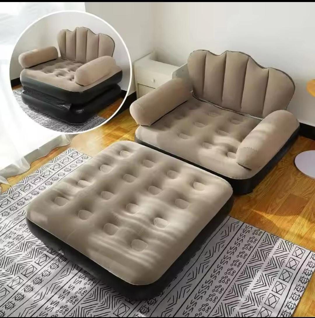 5 in 1 Inflatable Couch Lazy Sofa Bed Foldable Waterproof Air Sofa Chair Pull Out Bed with L Shaped Armrest Comfortable Indoor Outdoor Lounge Furniture Brown