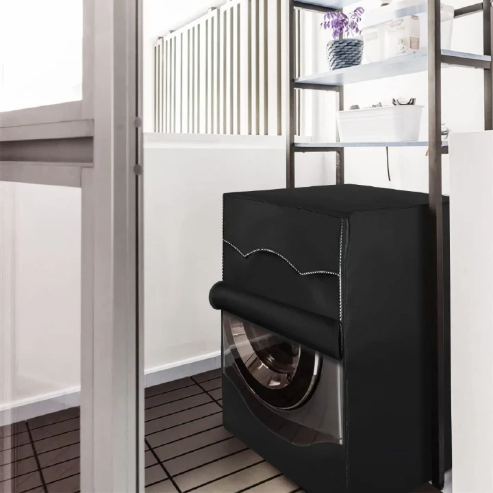 Protect your washing machine from sun, rain & dust — Front Load Washing Machine Cover Black 85×65×60cm, sunproof waterproof durable polyester, sleek black finish, no zipper design, perfect fit for fro