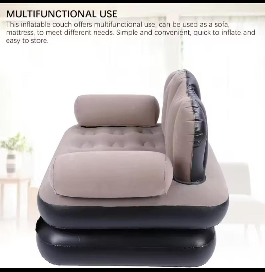 5 in 1 Inflatable Couch Lazy Sofa Bed Foldable Waterproof Air Sofa Chair Pull Out Bed with L Shaped Armrest Comfortable Indoor Outdoor Lounge Furniture Brown