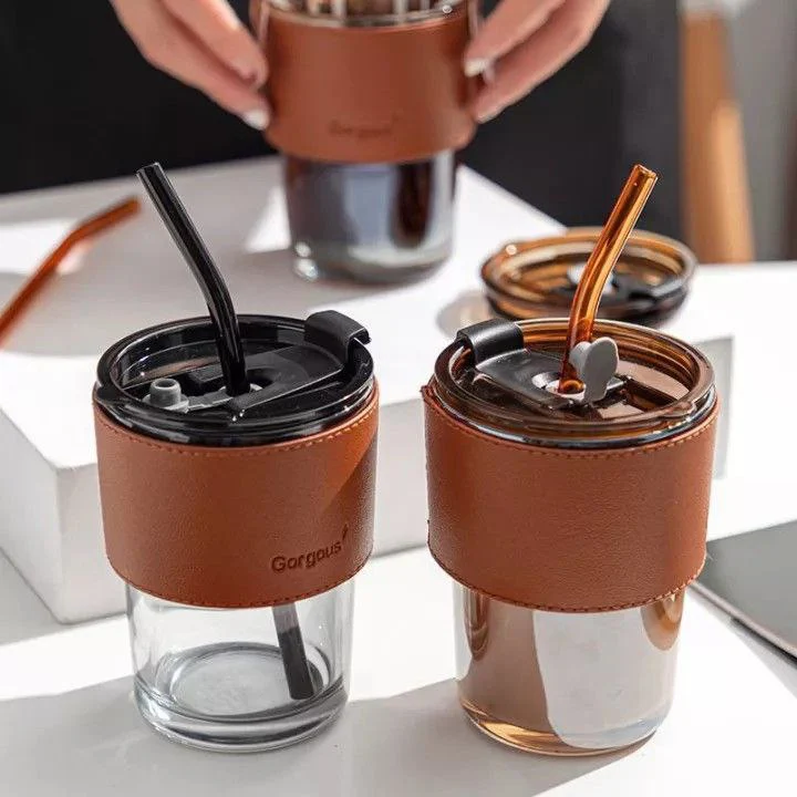 Gorgeous Slub Glass Smoothie Cup with Reusable Straw and Stylish Leather Cover, Premium Drinking Tumbler for Smoothies, Juice, Iced Coffee, Milk, Water and Everyday Beverage Use