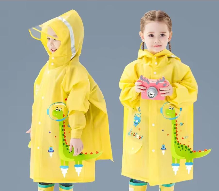 Yellow Kids’ EVA Dinosaur Raincoat with Hood Visor, Reflective Strips, Backpack Space and Snap Buttons – Lightweight Reusable Rain Jacket
