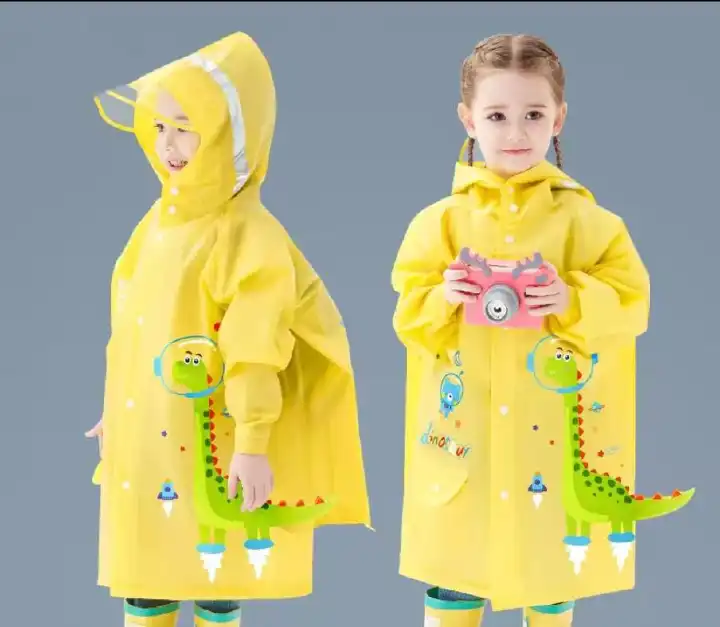Yellow Kids’ EVA Dinosaur Raincoat with Hood Visor, Reflective Strips, Backpack Space and Snap Buttons – Lightweight Reusable Rain Jacket