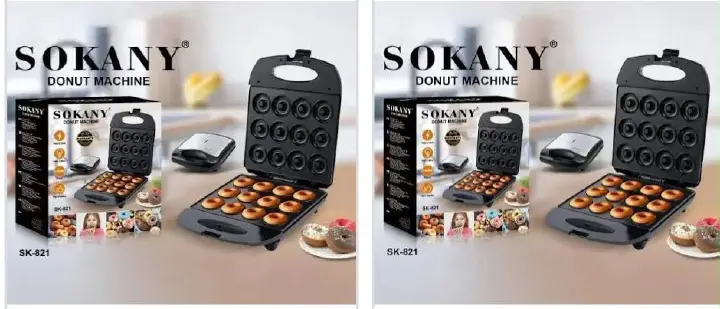 Sokany SK-821 Electric Donut Maker with 12 Mini-Donut Slots, Non-Stick Double-Sided Cooking Plates, Indicator Lights and Locking Handle – Black