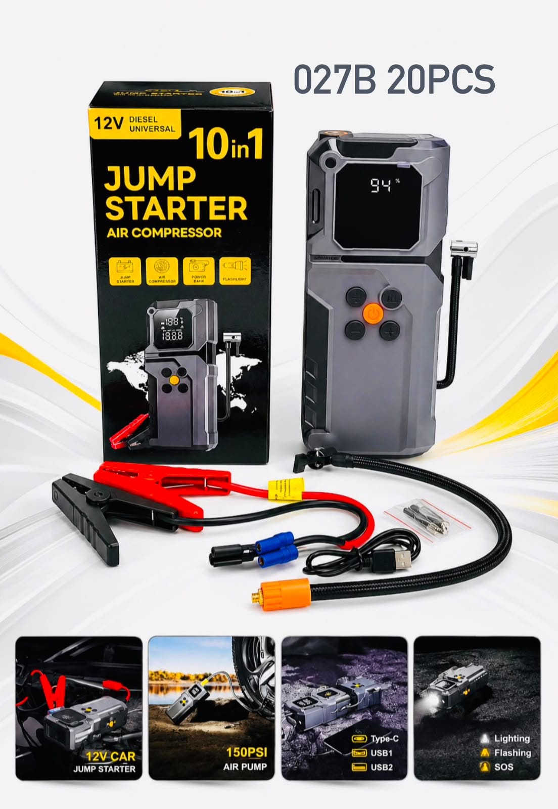 10-in-1 12V Multifunction Jump Starter with 150 PSI Digital Air Compressor, Power Bank and LED Emergency Light