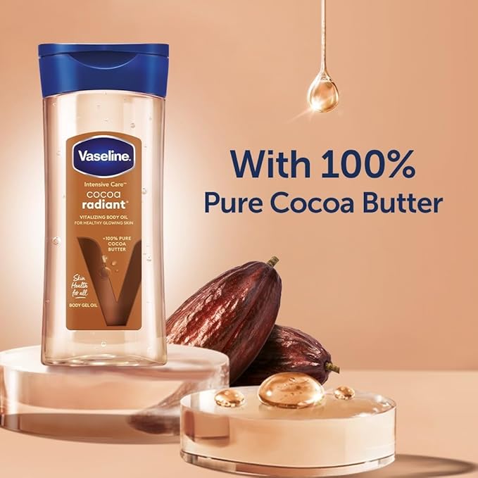 Vaseline Intensive Care Cocoa Radiant Gel Oil Made with 100% pure cocoa, it help revitalize dry and dull skin and give it a natural glow without leaving a greasy residue, Moisturizing Sensitive skin .