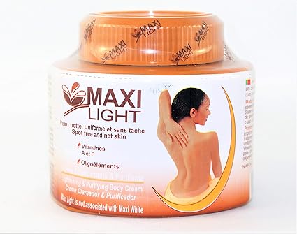 Maxi Light Lightening & Purifying Body formulated to lighten, purify, and even out skin tone while reducing brown spots. Enriched with Vitamins A and E and fruit acids, for luminous complexion 150g  .